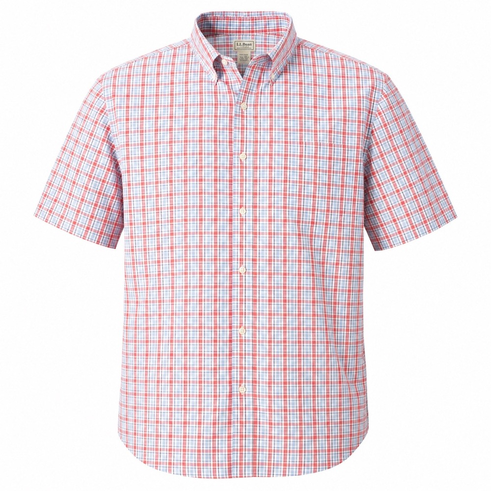 LL Bean Button Down Shirt Mens XXL Red White Blue Plaid Seersucker Short Sleeve